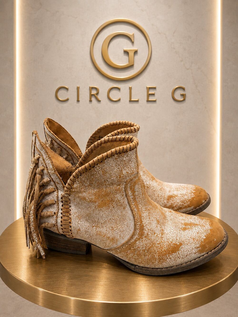 Circle G by Corral Tan White Leather Fringe Ankle Boots Western 7M